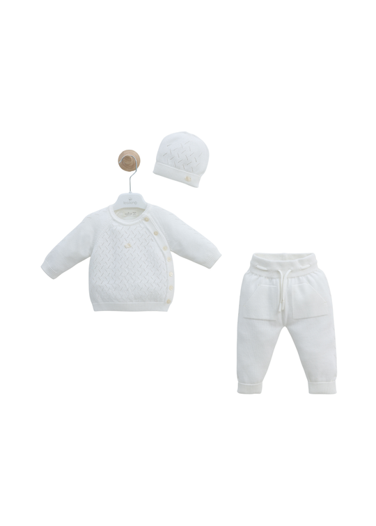 Set 3 Piese Tricotat Alb Bluza, Pantaloni si Fes 8551 Leo King