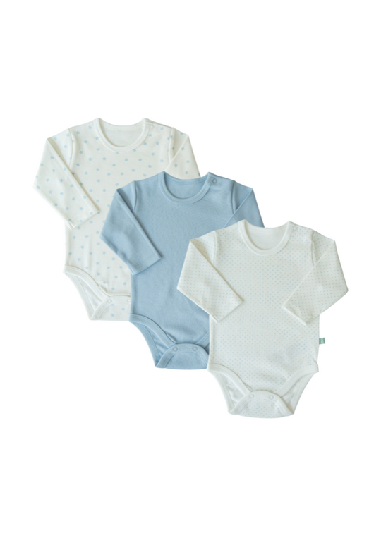 Set of 3 Long Sleeve Organic Cotton Bodysuits Cream with Blue Stars and Spikes S43378 KitiKate