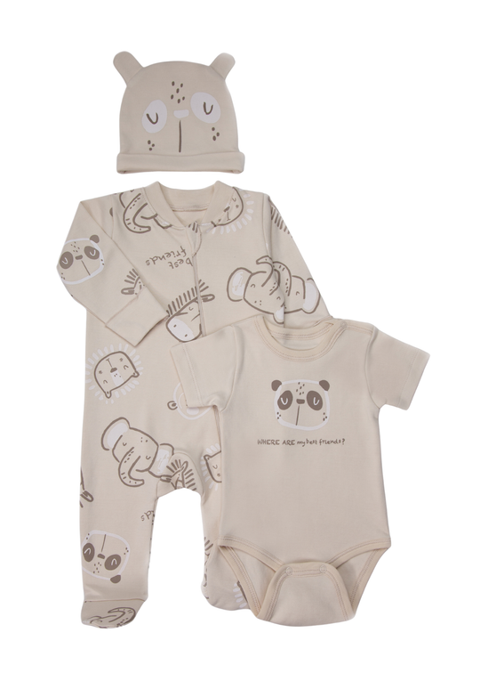 Set de 3 Piese: Salopeta cu Botosei, Caciulita cu Animale si Body cu Panda Bej Best Friends Z1169 – Bebetto