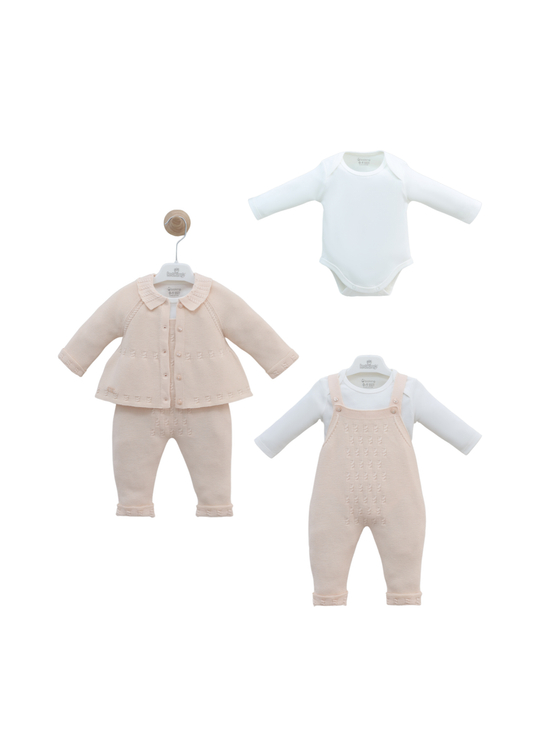 Set 3 Piese Salopeta Lunga si Cardigan Tricotat Somon si Body din Bumbac 7458 Leo King