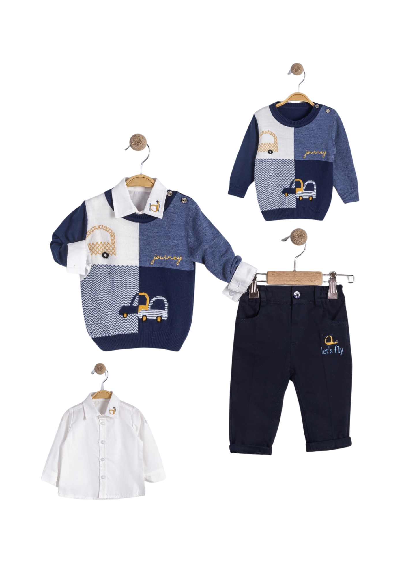 Set 3 Piese Pulover Bleumarin cu Galben cu Masini Camasa Alba si Pantaloni Pungi Bleumarin 16235 Bebus