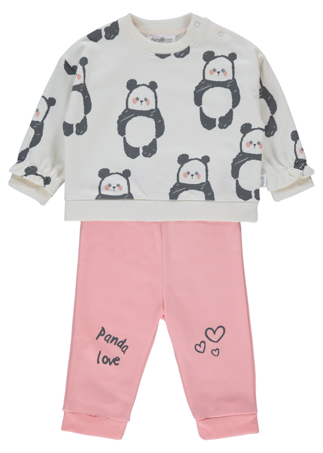 Trening 2 Piese Hanorac Crem cu Imprimeu Ursi Panda si Pantaloni Roz Cute and Chubby K4440 Bebetto