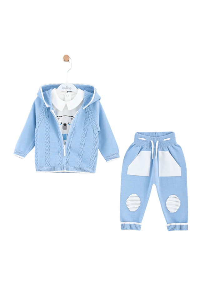 Set 3 Piese Hanorac si Pantaloni Tricotati Bleu Bluza din Bumbac Alba cu Urs 8511 Leo King