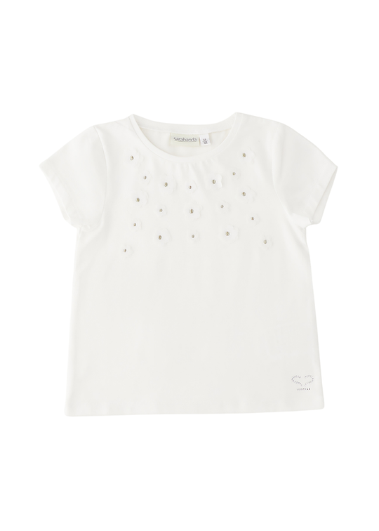 Tricou cu Maneca Scurta Alb cu Flori Aplicate 0.G249/00 Sarabanda