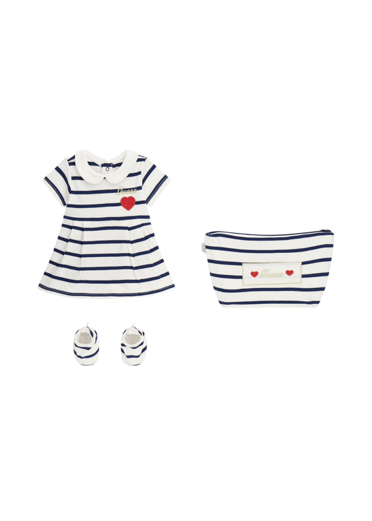 Set 3 Piese Rochie Maneca Scurta Alba cu Dungi Bleumarin, Botosei si Neseser S6RG08 K85Z1 S93C Guess