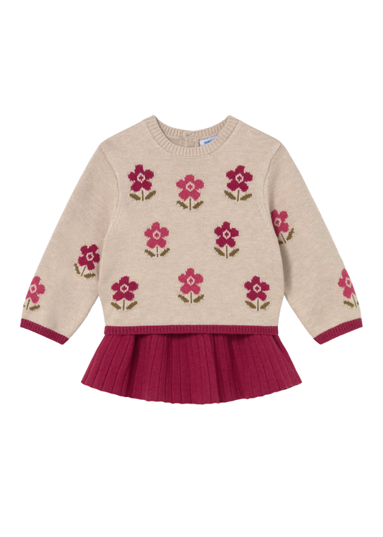 Set Bluza Tricotata Crem cu Flori si Fusta Grena pentru Fete – Mayoral