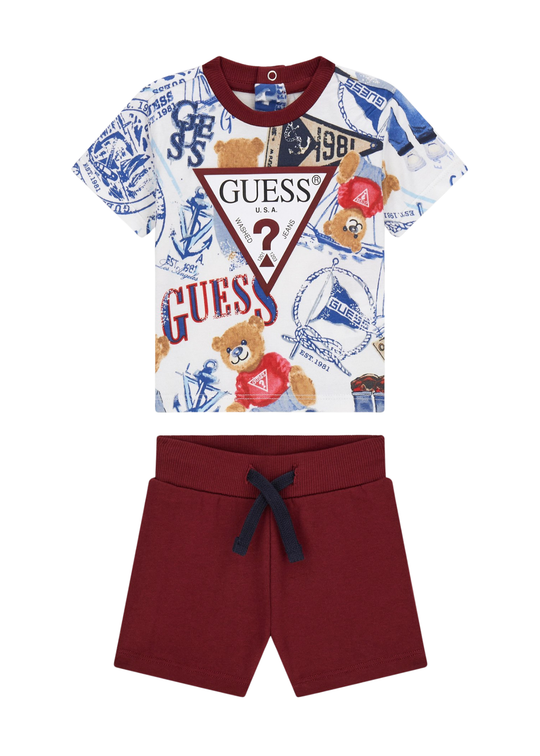 Set 2 Piese Tricou Alb cu Grena si Ursi si Pantaloni Scurti Grena I6RG08 K8HM4 P7HZ Guess