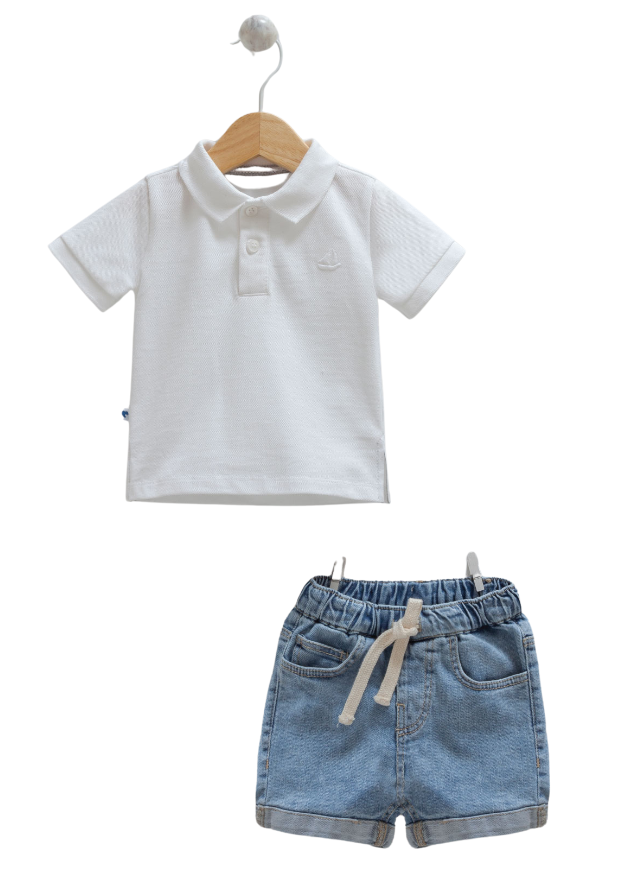 Set 2 Piese Tricou Polo Alb si Pantaloni Denim Scurti 9832 Mell Sweet Baby - Camera Bebelusului