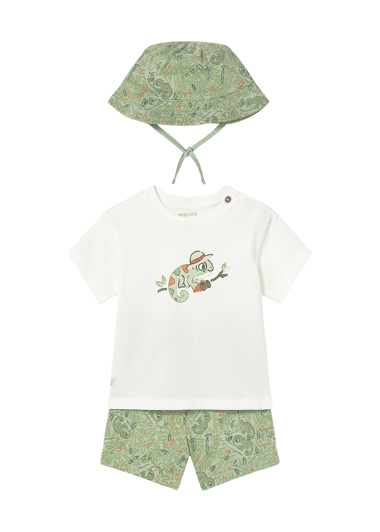 3-Piece Set, Cream T-Shirt, Shorts and Green Chameleon Hat 1667 Mayoral