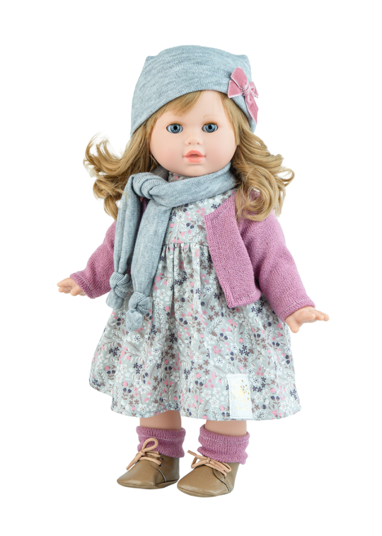 Papusa Parfumata Tina Violet, Corp Moale cu Par Blond si Rochita Verde cu Imprimeu Flori 626 – Marina&Pau