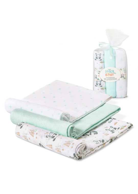 Set 3 Scutece Muselina Alb-Verde Imprimeu Panda – 80x80 cm 98972 Interbaby