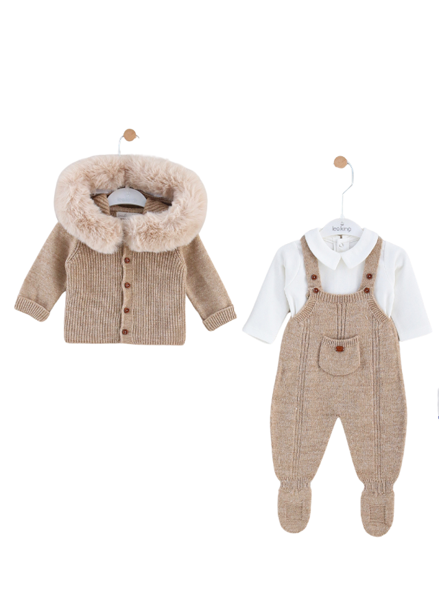 Set 3 Piese Bej din Lana Merinos Cardigan cu Gluga cu Blana si Bluza din Bumbac 9329 Leo King