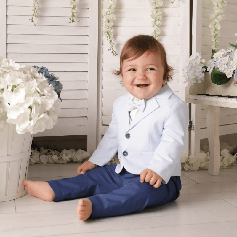 AnneBebe - Costum Elegant Baietei Octav Sacou Bleu Cu Picouri Vesta Alba AnneBebe