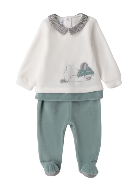 Set 2 Piese Velur Bluza si Pantaloni Crem cu Verde cu Pinguin 3.F639/00 Minibanda