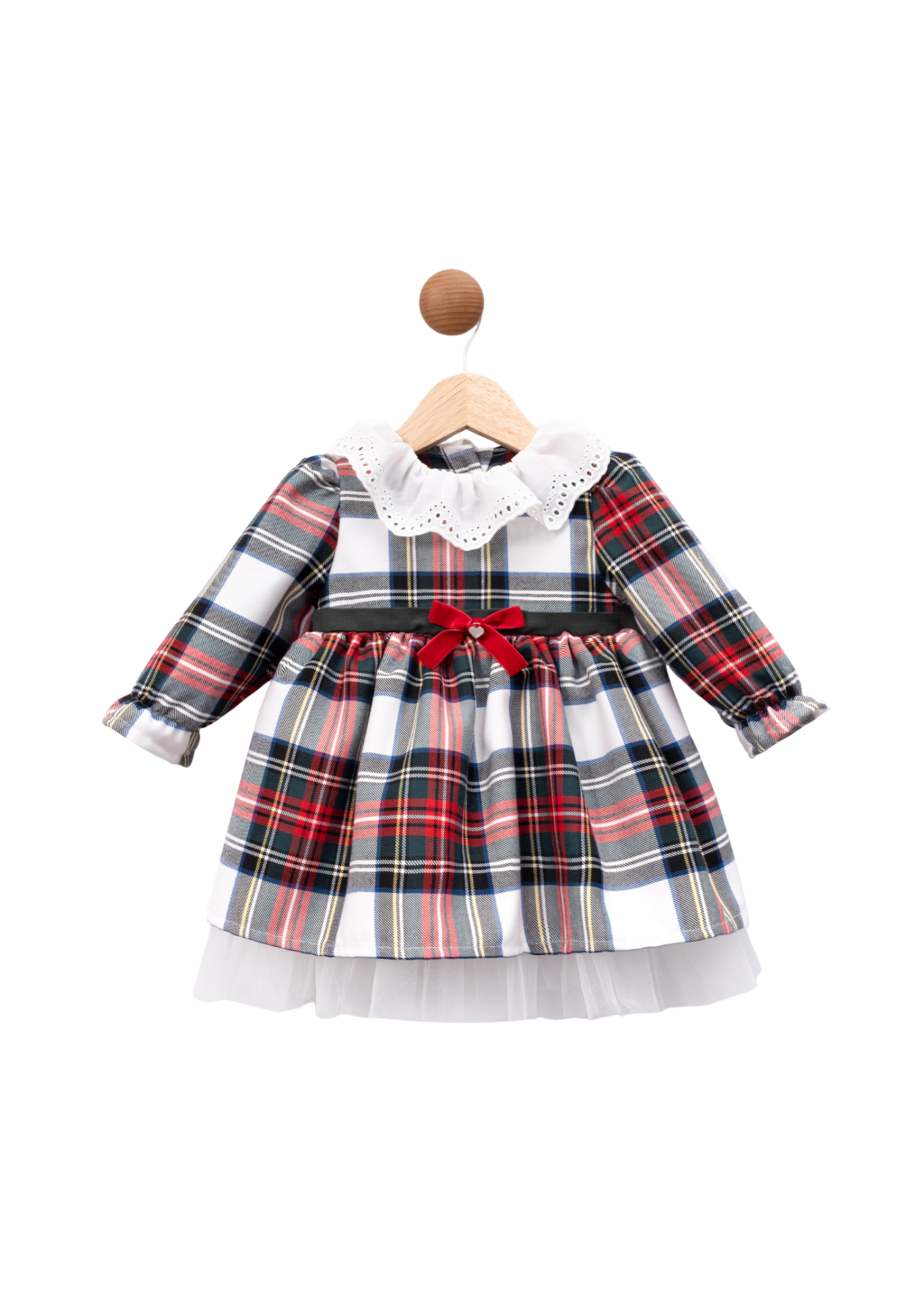 Rochie Ecosez Verde cu Rosu cu Volan Dantela din Bumbac Alb la Guler 3596 Mino Baby