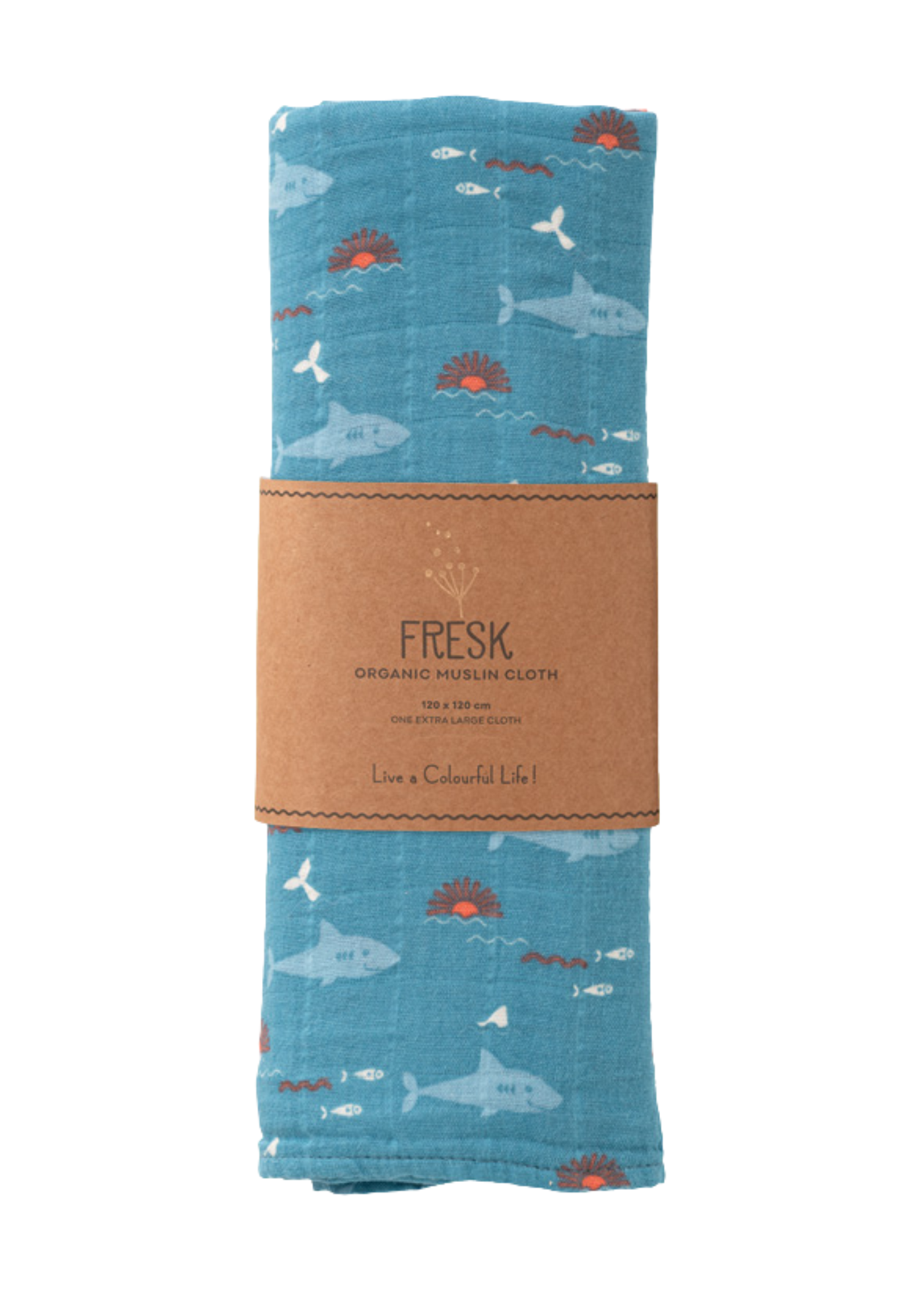 Paturica Muselina din Bumbac Organic Albastru Marin cu Imprimeu Rechin 120x120 cm F110-88 Fresk