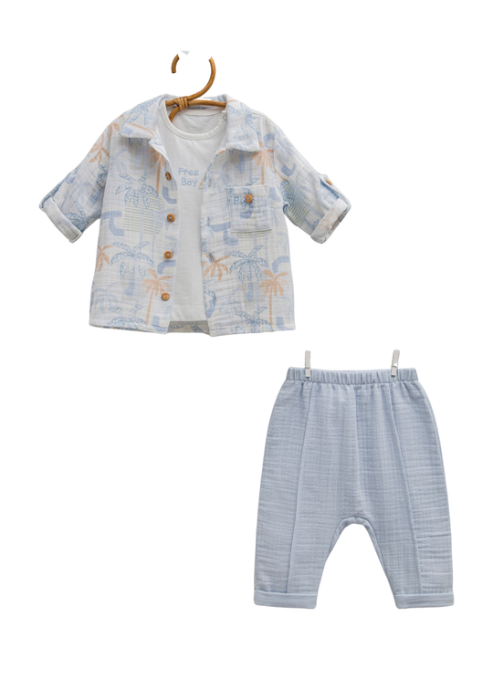 Set 3 Piese Muselina Bleu Camasa Imprimeu Tropical Pantaloni Lungi si Maieu Free Boy TKE1728 Mell Sweet Baby