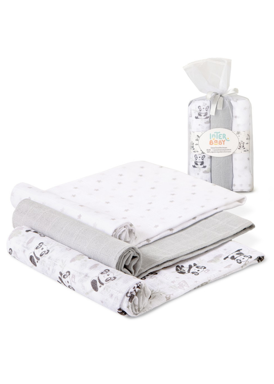 Set 3 Scutece Muselina Alb-Gri Imprimeu Panda – 80x80 cm 98972 Interbaby