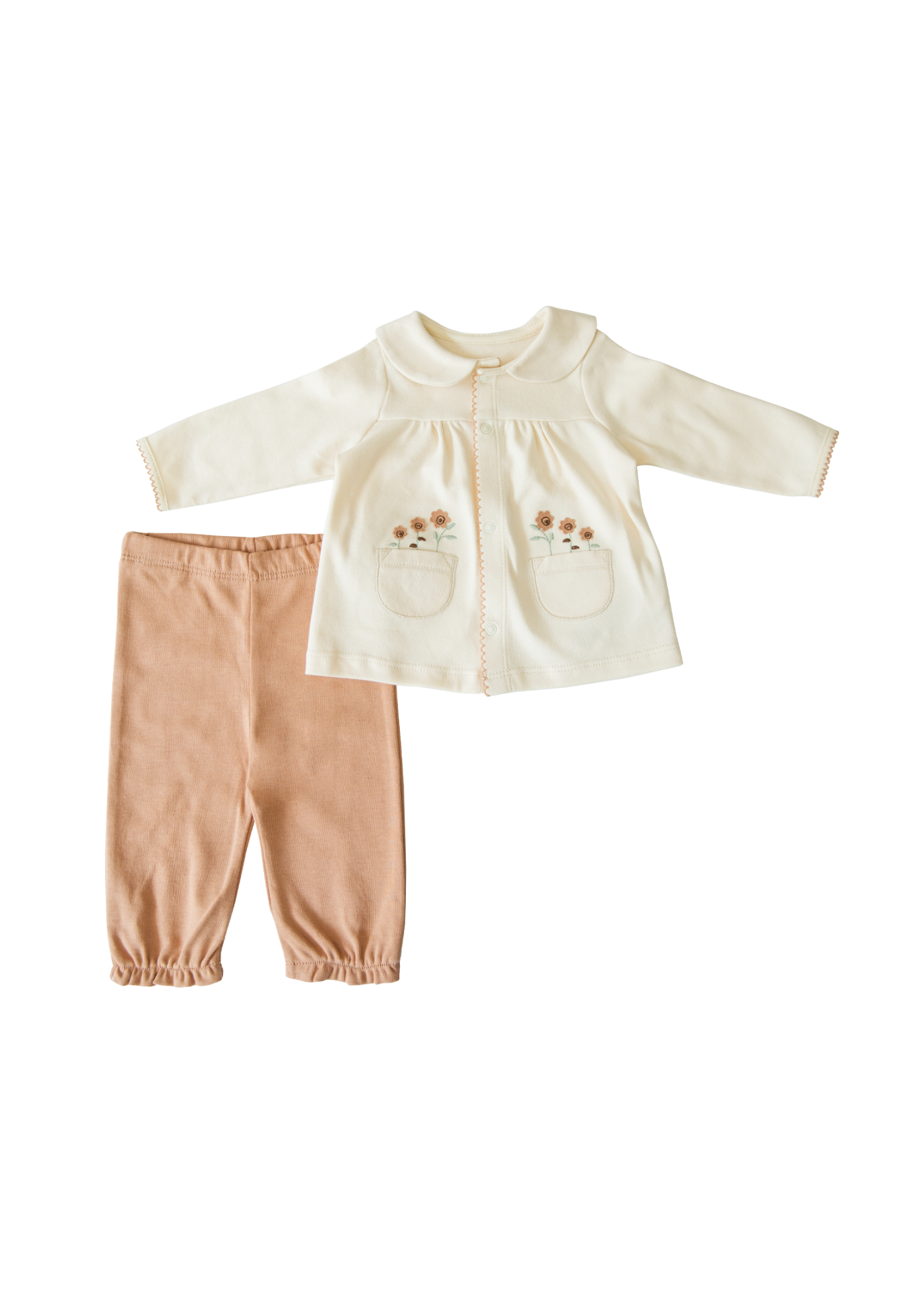 Set 2 Piese Bumbac Organic Crem cu Bej cu Flori Brodate la Buzunar S08568 Kitikate