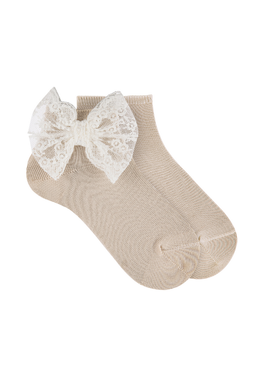 Beige Short Socks with Lace Bow 2407-4 Condor