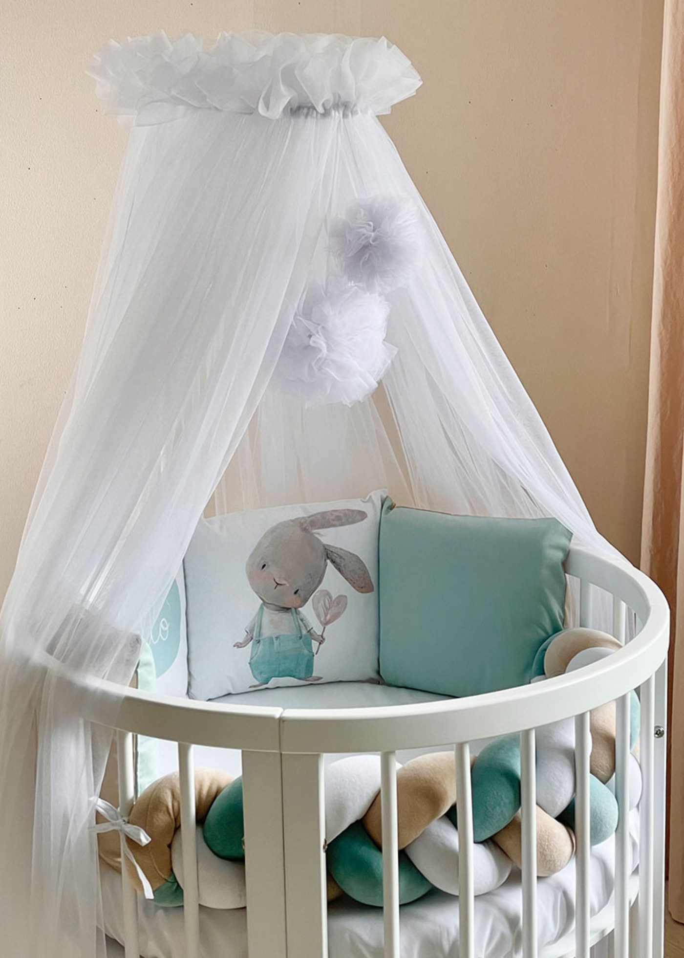 Suport din Lemn Alb Baldachin si Camera Video Bebe - Patut bare rotunde