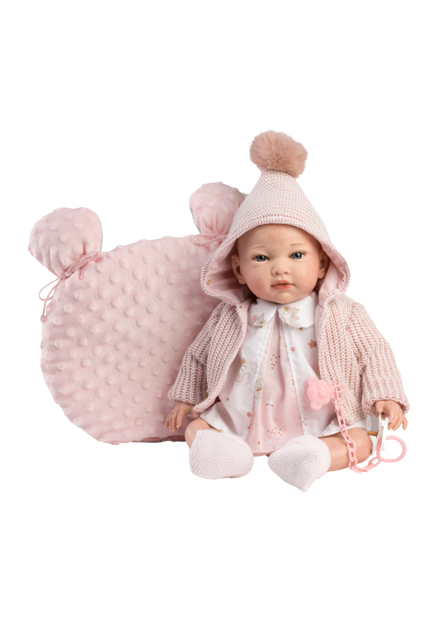 Reborn Maria 42 cm Vinil Fara Par cu Rochita Alba cu Imprimeu Stelute si Cardigan Roz 10244 Guca