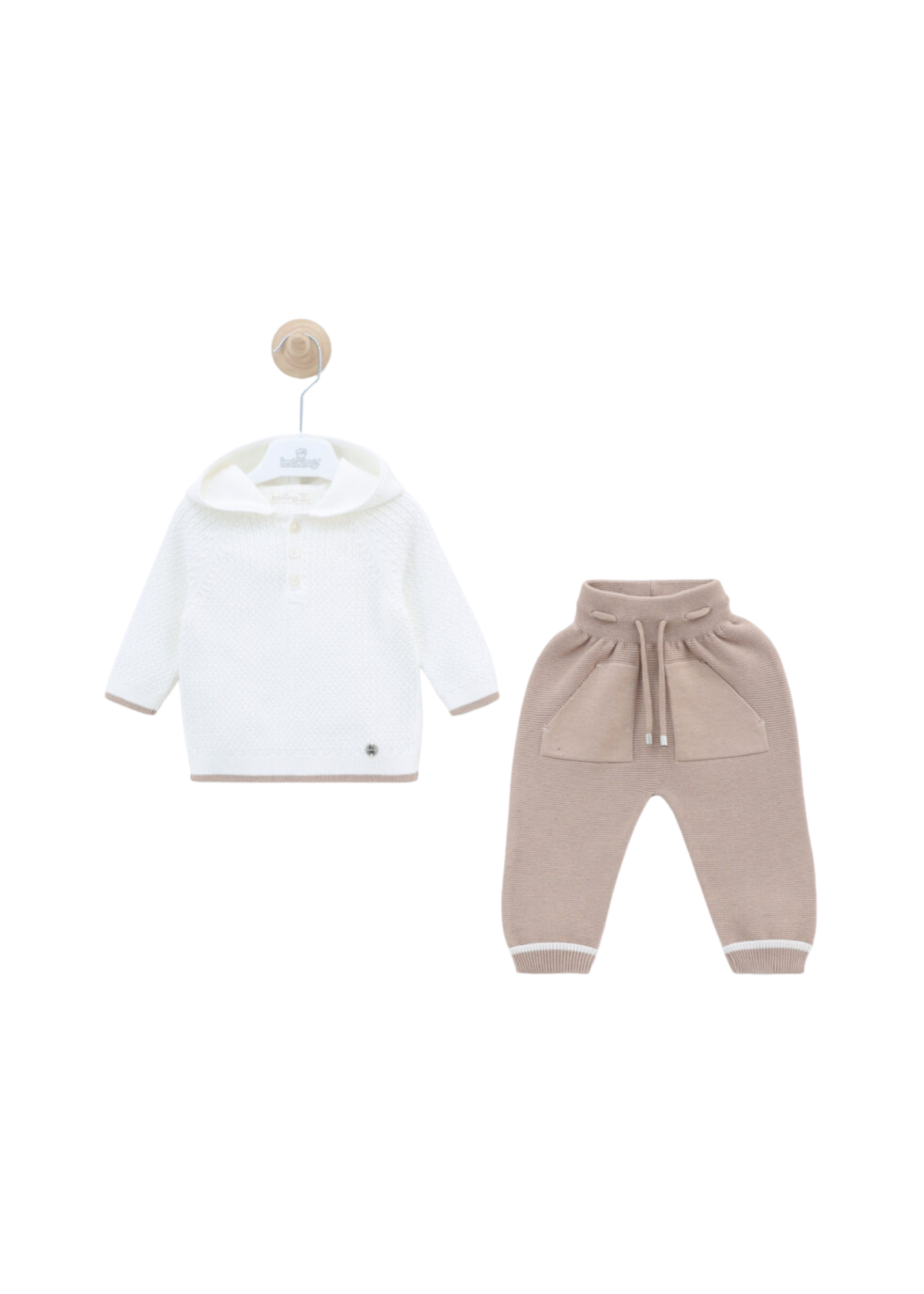 Set Tricotat 2 Piese Hanorac Crem si Pantaloni Lungi Bej 8425 Leo King