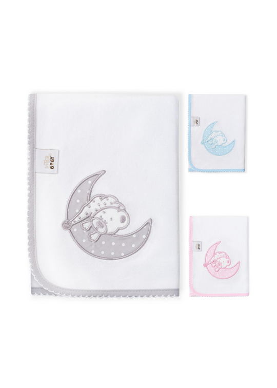 White Blanket with Crescent Print and Gray Teddy Bear 98991-31 Interbaby