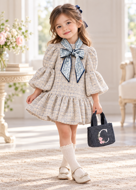 Rochie din Stofa Bouclé Gri cu Fir Bleumarin, Esarfa Funda si Geanta cu Broderie 3957 – MinoBaby