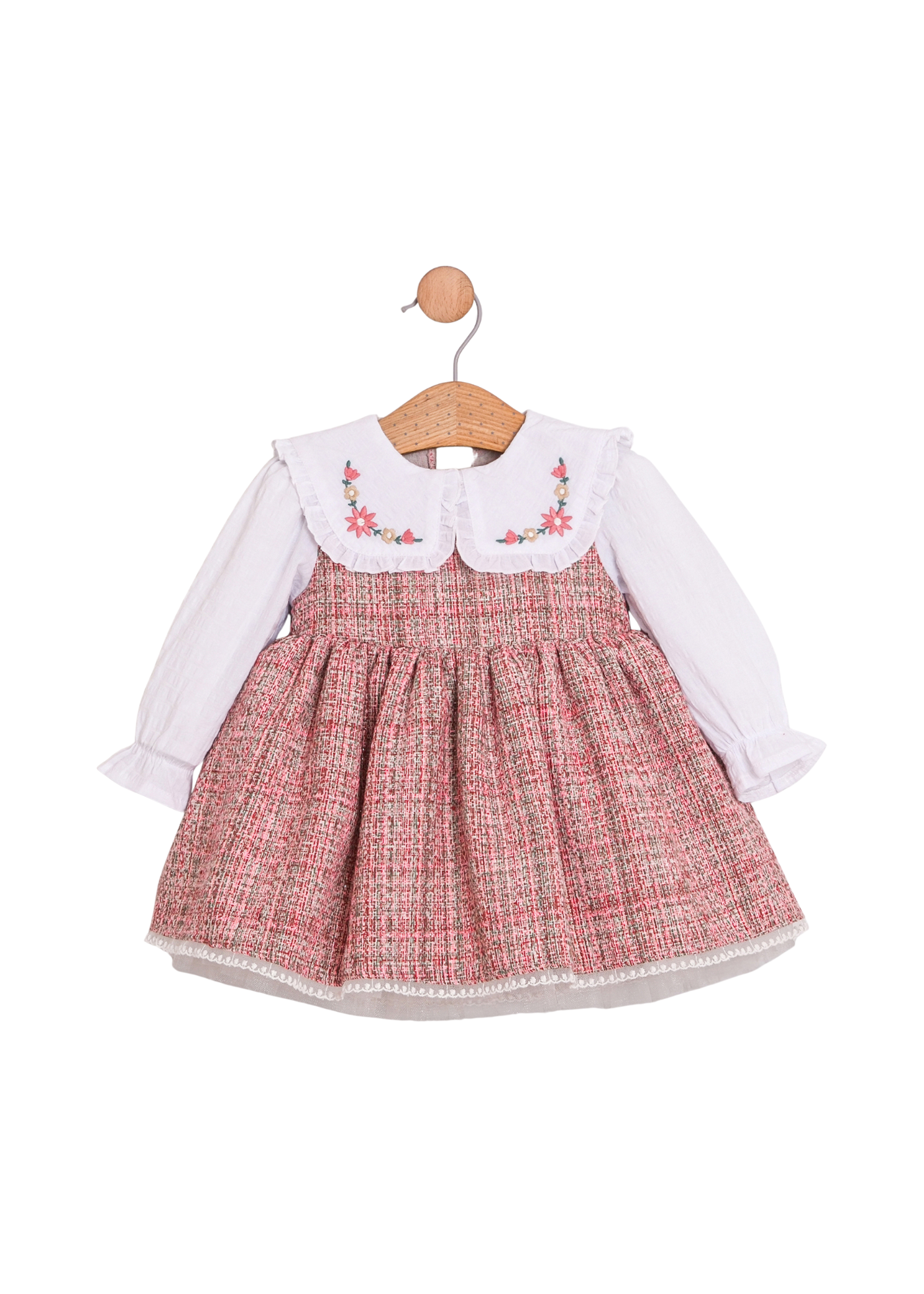 Rochie Tip Sarafan Stofa Roz cu Maneci si Guler din Bumbac Alb 3758 Mino Baby