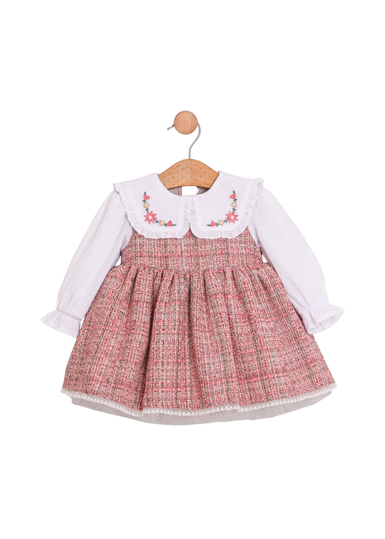 Rochie Tip Sarafan Stofa Roz cu Maneci si Guler din Bumbac Alb 3758 Mino Baby