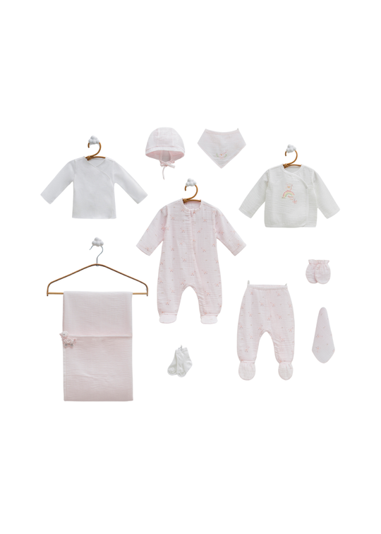 Set 10 Piese Maternitate Muselina Roz cu Ratuste ZK2276 Mell Sweet Baby