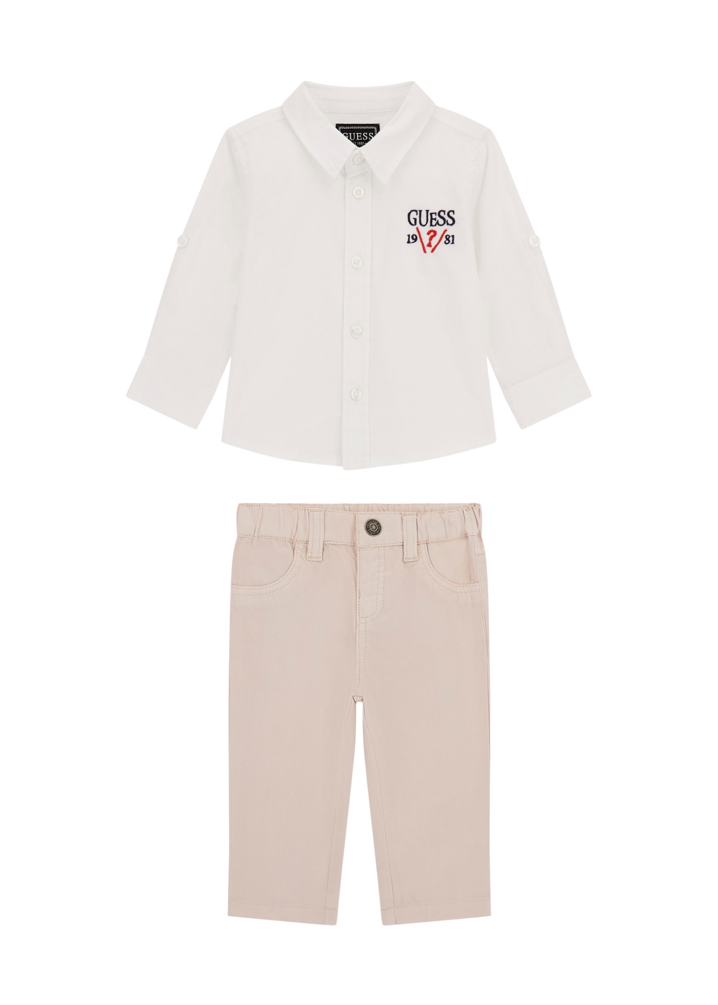 Set 2 Piese Camasa Alba cu Maneca Lunga si Pantaloni Lungi Bej I5YG04 WE5W0 G011 Guess