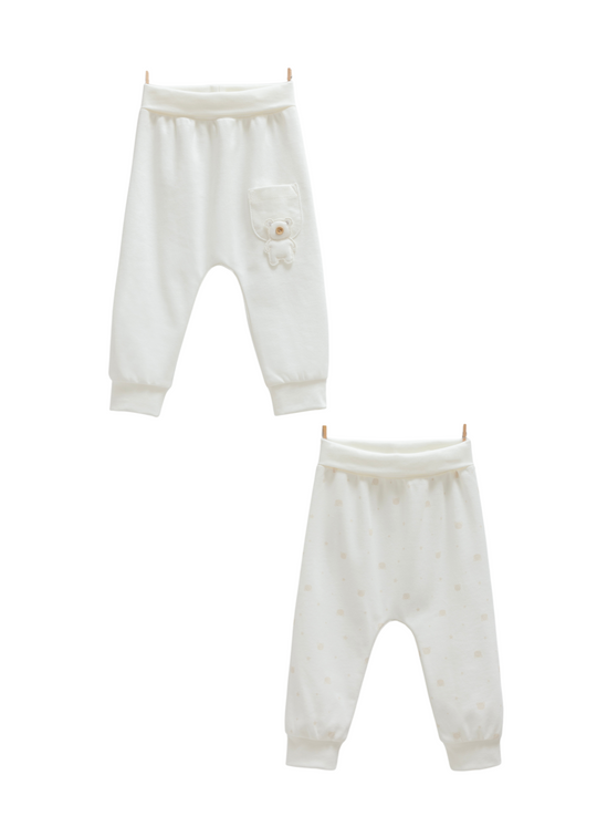 Set 2 Perechi de Pantaloni din Bumbac Crem cu Ursuleti APE1466 Mell Sweet Baby