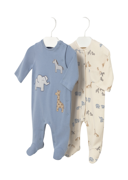 Set 2 Salopeta Lungi Bej cu Bleu Imprimeu Animale 2714 Mayoral