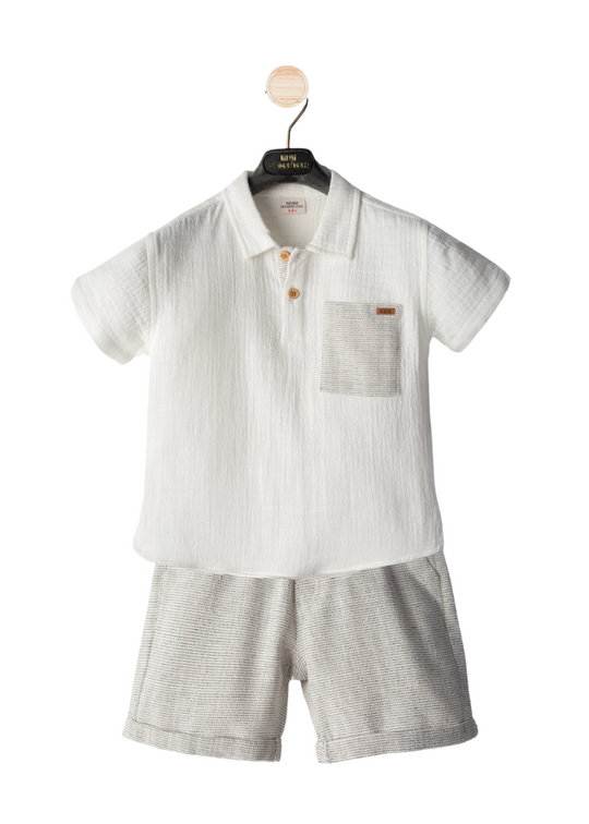 2 Piece Set Ivory Muslin Short Sleeve Polo Shirt and Grey Shorts M54152 Midimod Gold