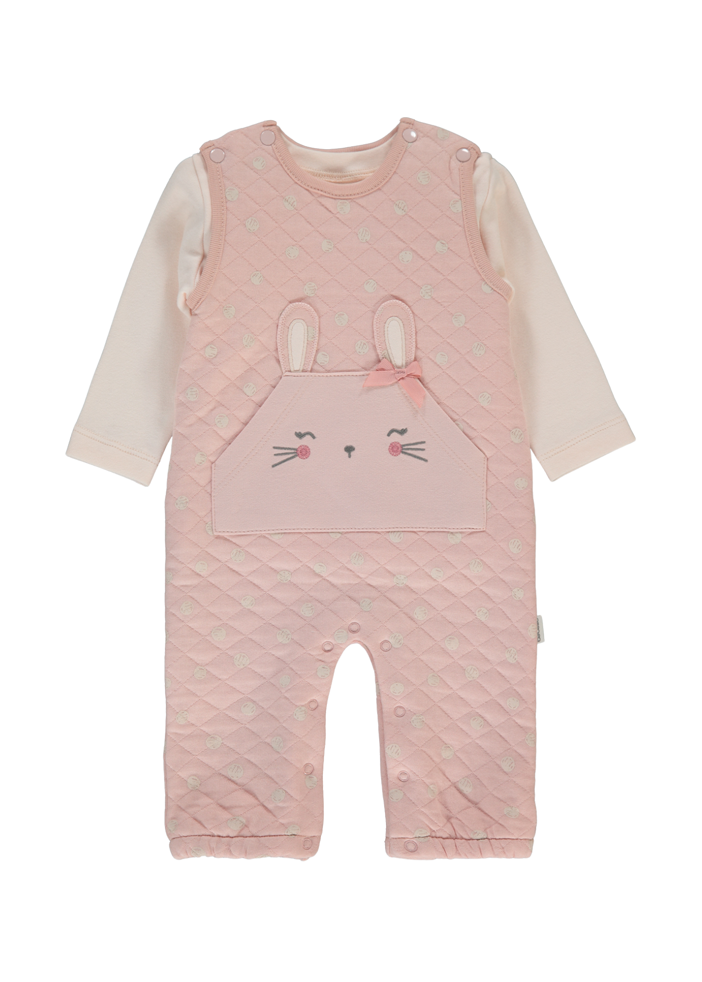 Set 2 Piese Salopeta Lunga Roz Pudra cu Iepure si Bluza Roz cu Maneca Lunga K5117 Bebetto