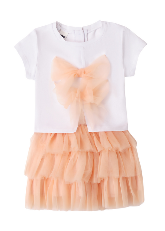 Set 2 piese, Tricou cu Maneca Scurta Alb cu Funda Peach si Fusta Volane Peach 8286 iDO