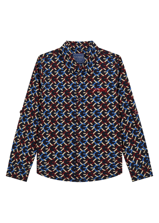 Camasa din Poplin cu Maneca Lunga Imprimeu Albastru cu Bej cu Logo N4BH00 WE5W0 P7P9 Guess