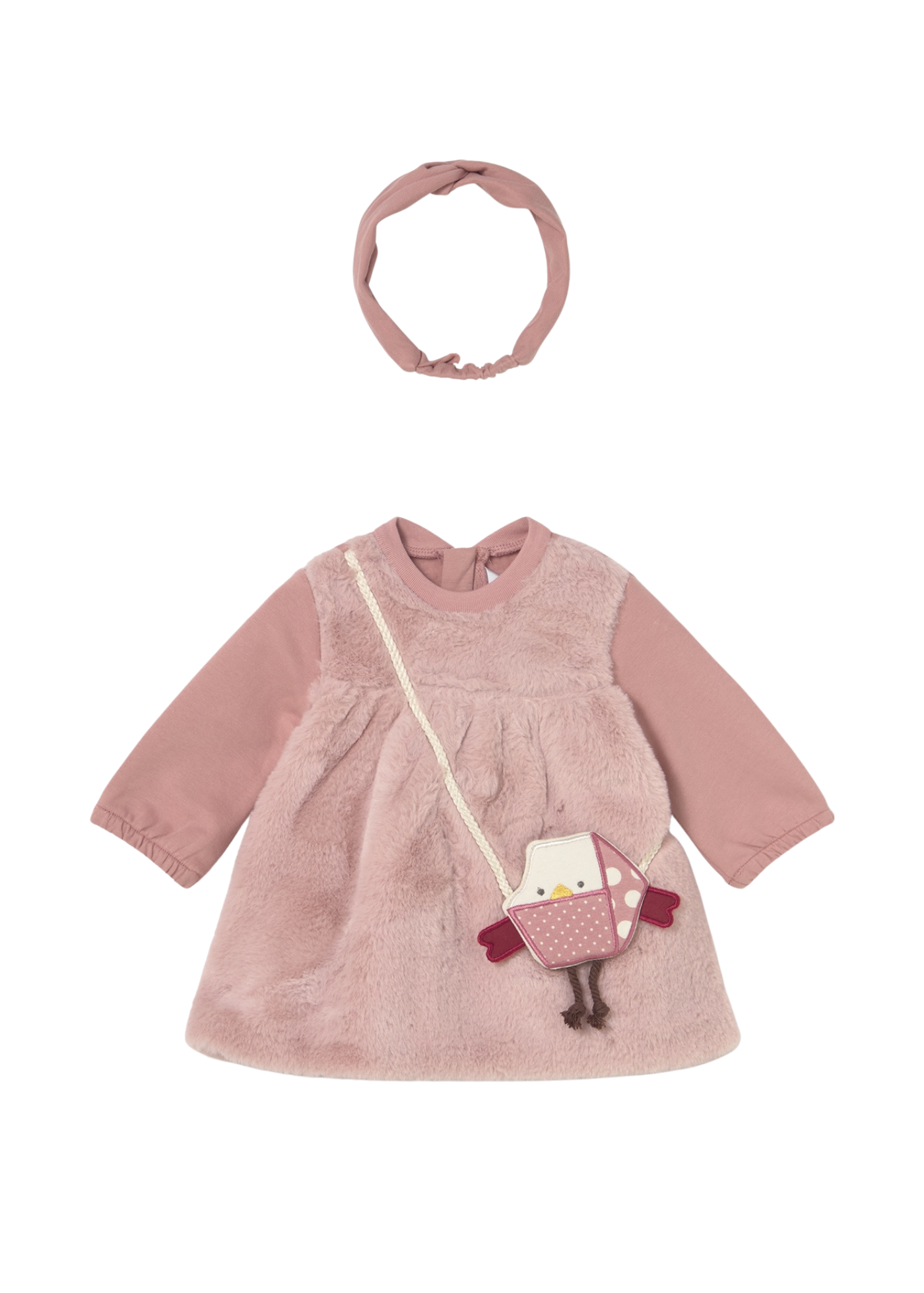 Rochie Roz cu Blana, Maneca Lunga si Geanta Catel 2823 Mayoral