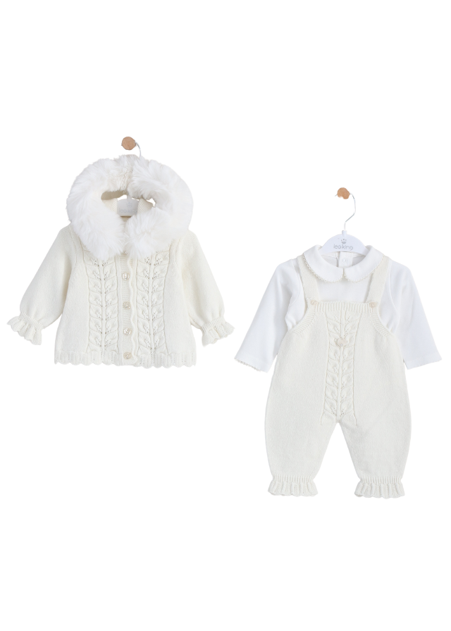 Set 3 Piese Salopeta Crem Lana Merinos Cardigan si Body din Bumbac Alb 9333 Leo King