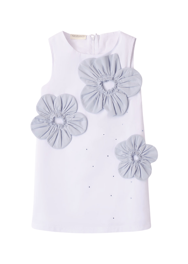 Rochie Alba cu Aplicatii Florale Albastre 8340 Sarabanda