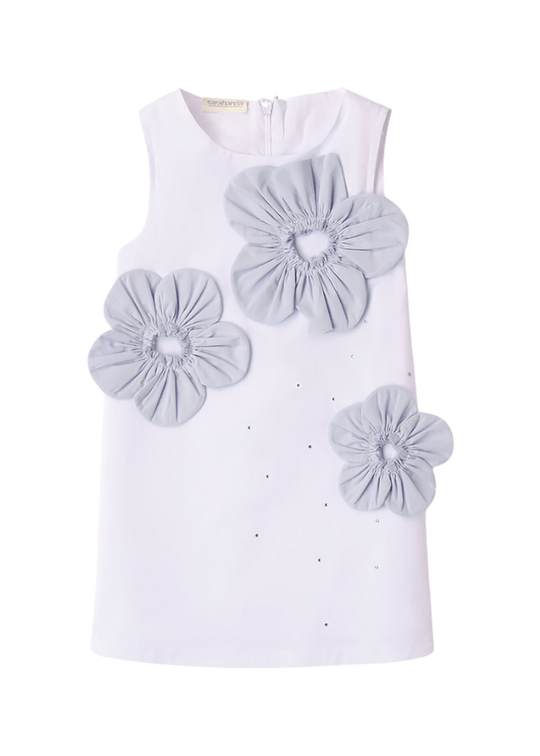 Rochie Alba cu Aplicatii Florale Albastre 8340 Sarabanda