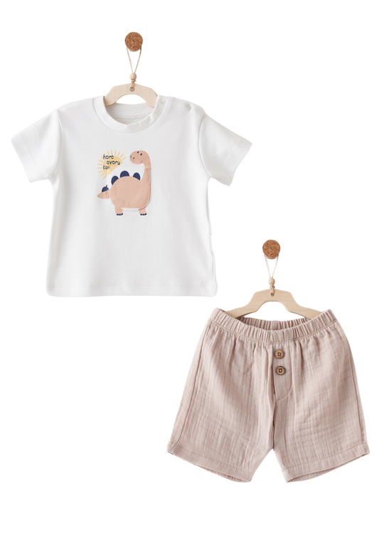 Set 2 Piese Tricou Alb cu Dinozaur si Pantaloni Scurti Bej din Muselina AC26735 Andywawa