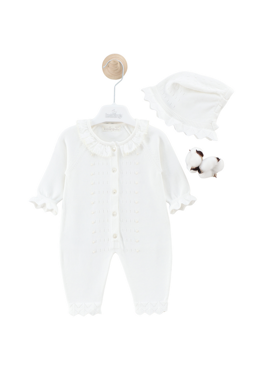 Set 2 Piese Salopeta Alba Tricotata Lunga si Caciula 7441 Leo King