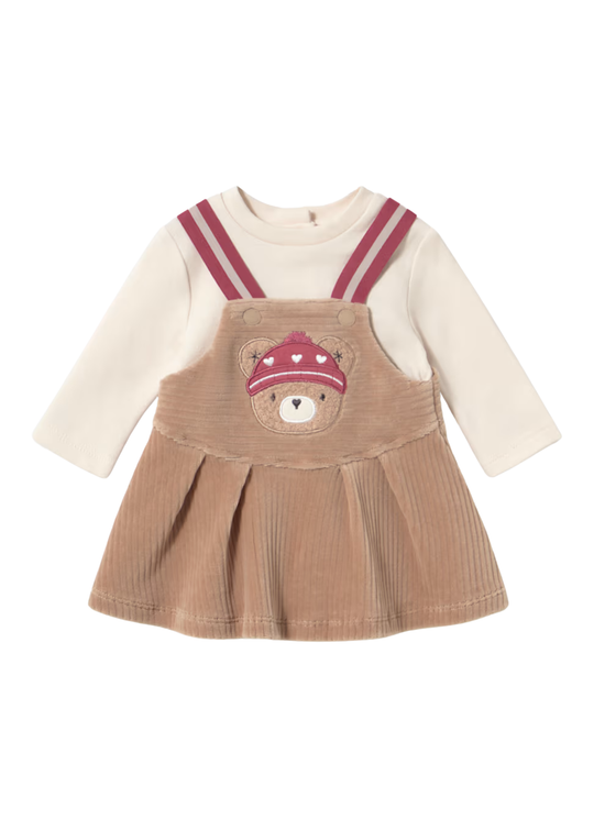 Costumas cu Salopeta Bej cu Ursulet si Bluza Crem pentru Fetite 2803 – Mayoral
