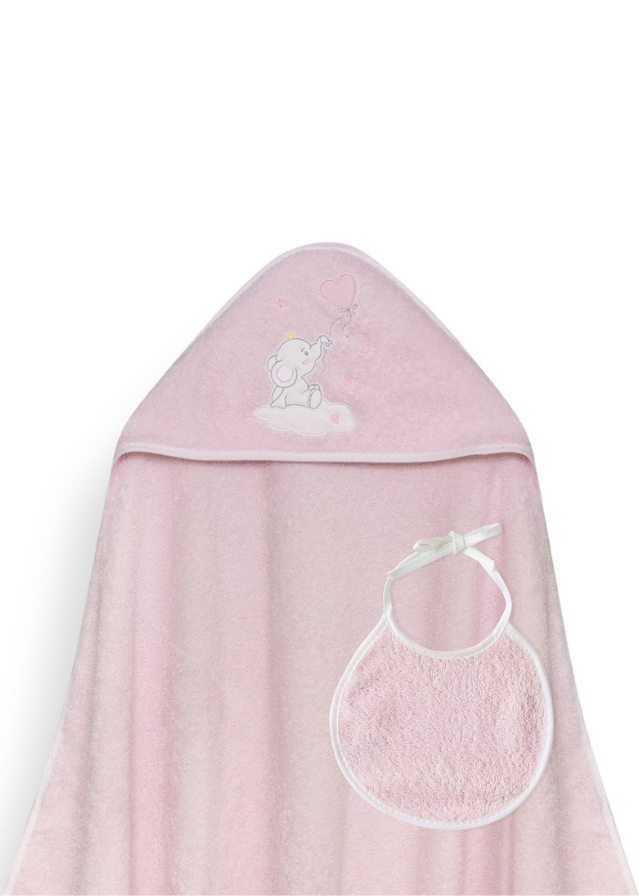 Prosop cu Capison 100x100 cm si Bavetica Roz cu Elefantel 01247-02 Interbaby