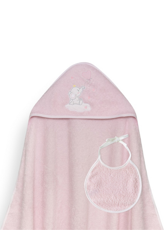 Prosop cu Capison 100x100 cm si Bavetica Roz cu Elefantel 01247-02 Interbaby