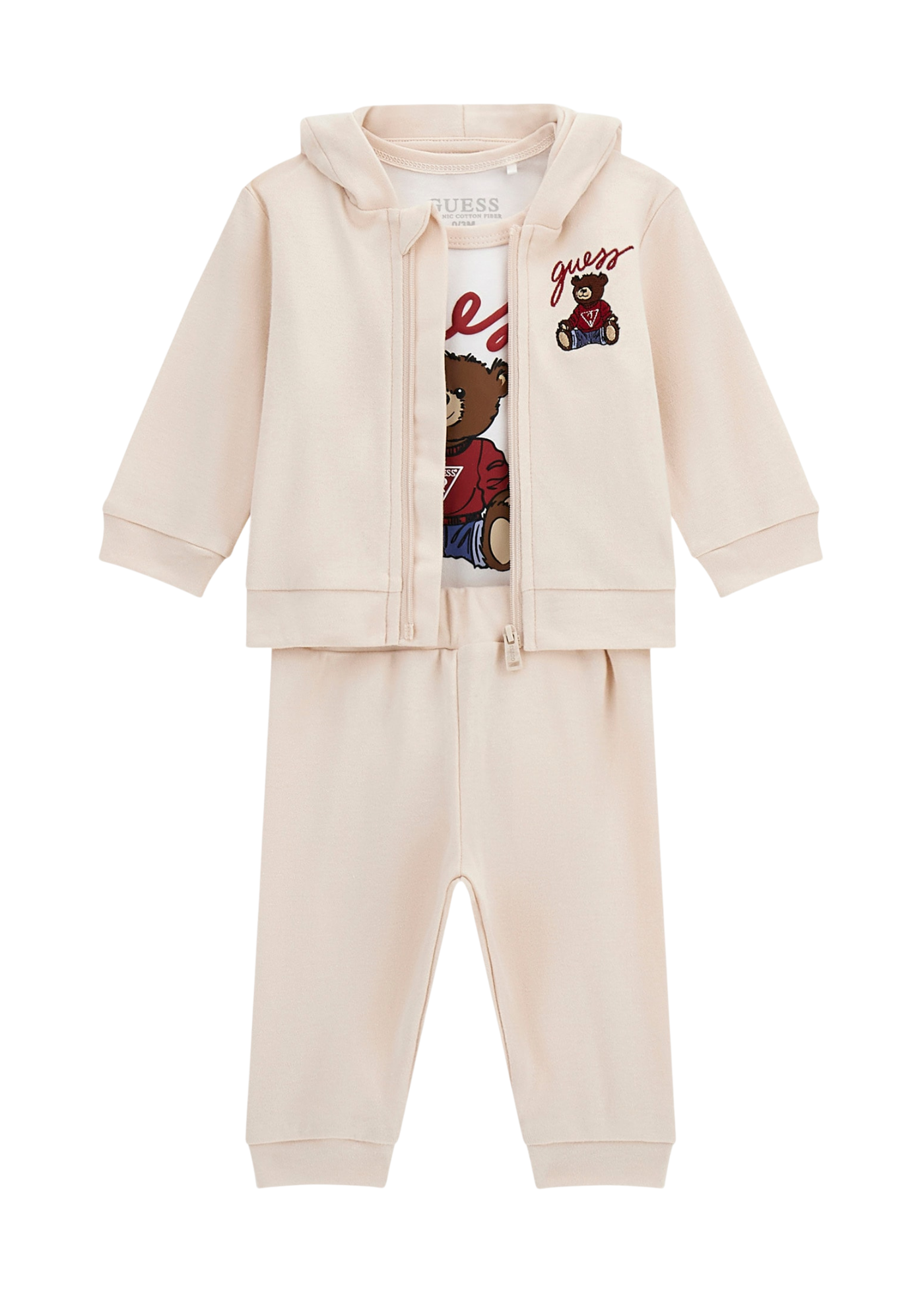 Trening Bumbac 3 Piese Bej Hanorac si Pantaloni Bluza Alba cu Urs H5YW12 KA6W4 G1ET Guess