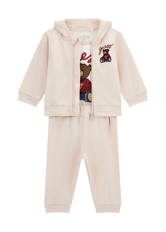 Trening Bumbac 3 Piese Bej Hanorac si Pantaloni Bluza Alba cu Urs H5YW12 KA6W4 G1ET Guess